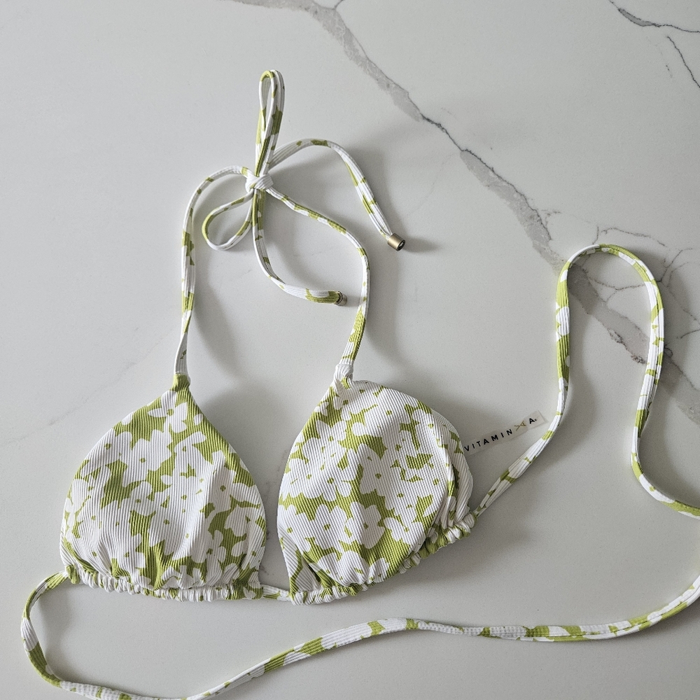 Vitamin A Swim Green and White Floral Triangle Bikini Top